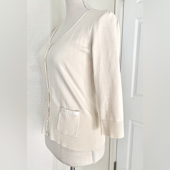CAbi Tan Cardigan w/ Ribbon Edging - Picture 3 of 15